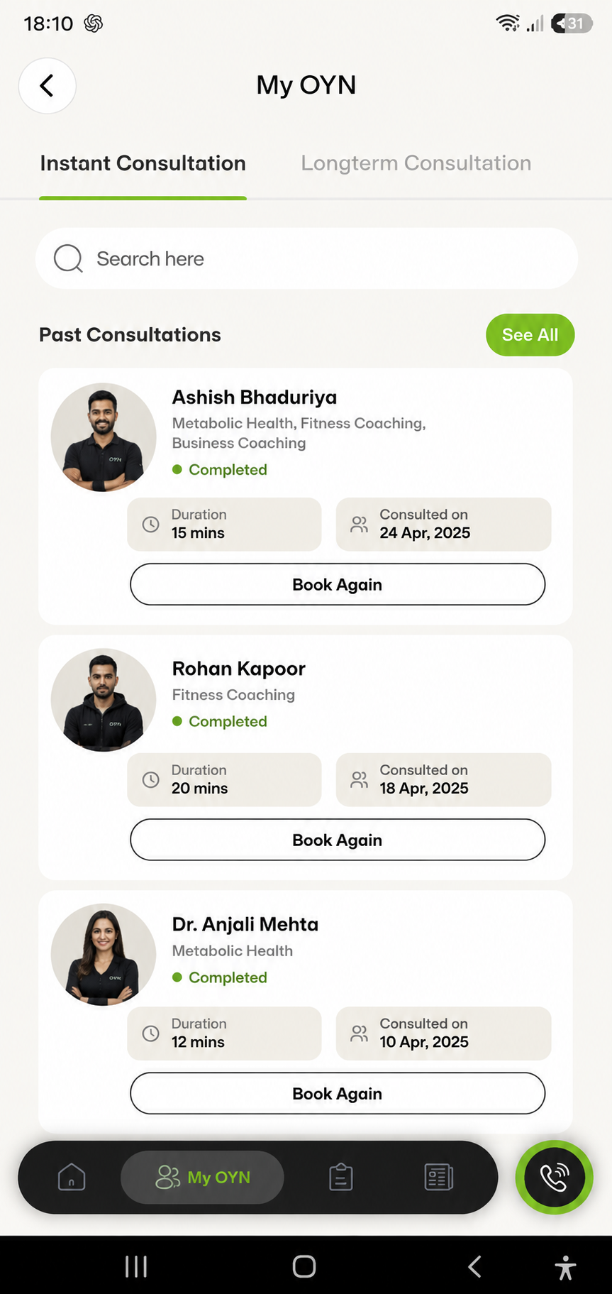 OYN app — past consultations history, showing real completed calls